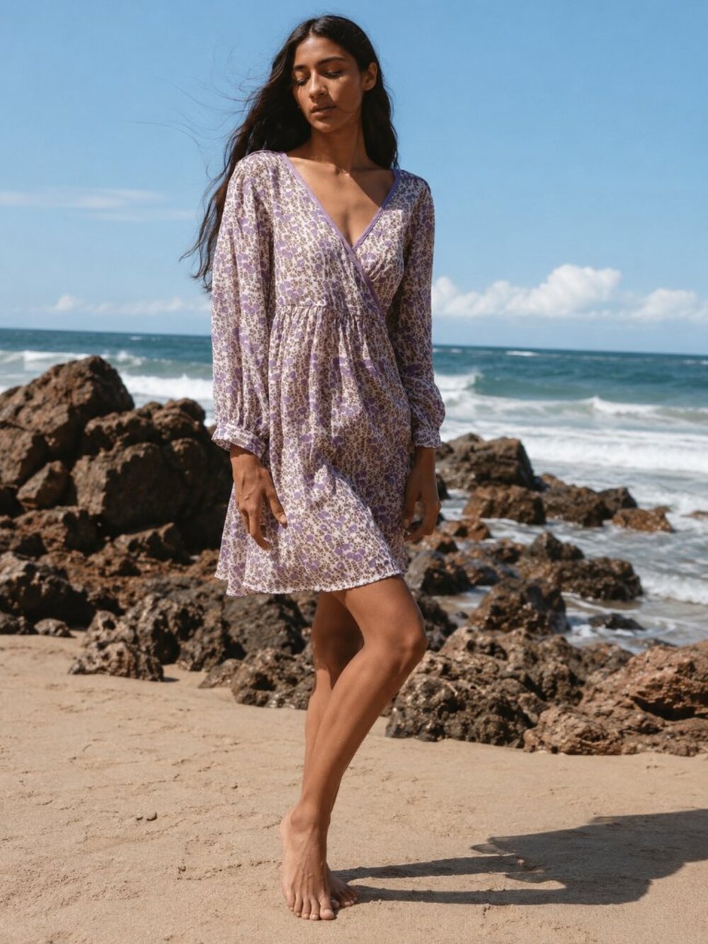 Daughters of India Binita Mini Dress Floral Violet Feminine Boho Sz. S